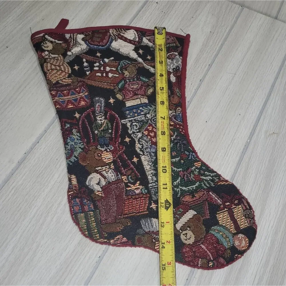Vintage Tapestry Cross Stitch Stocking Teddy Bear Family Celebrating Christmas